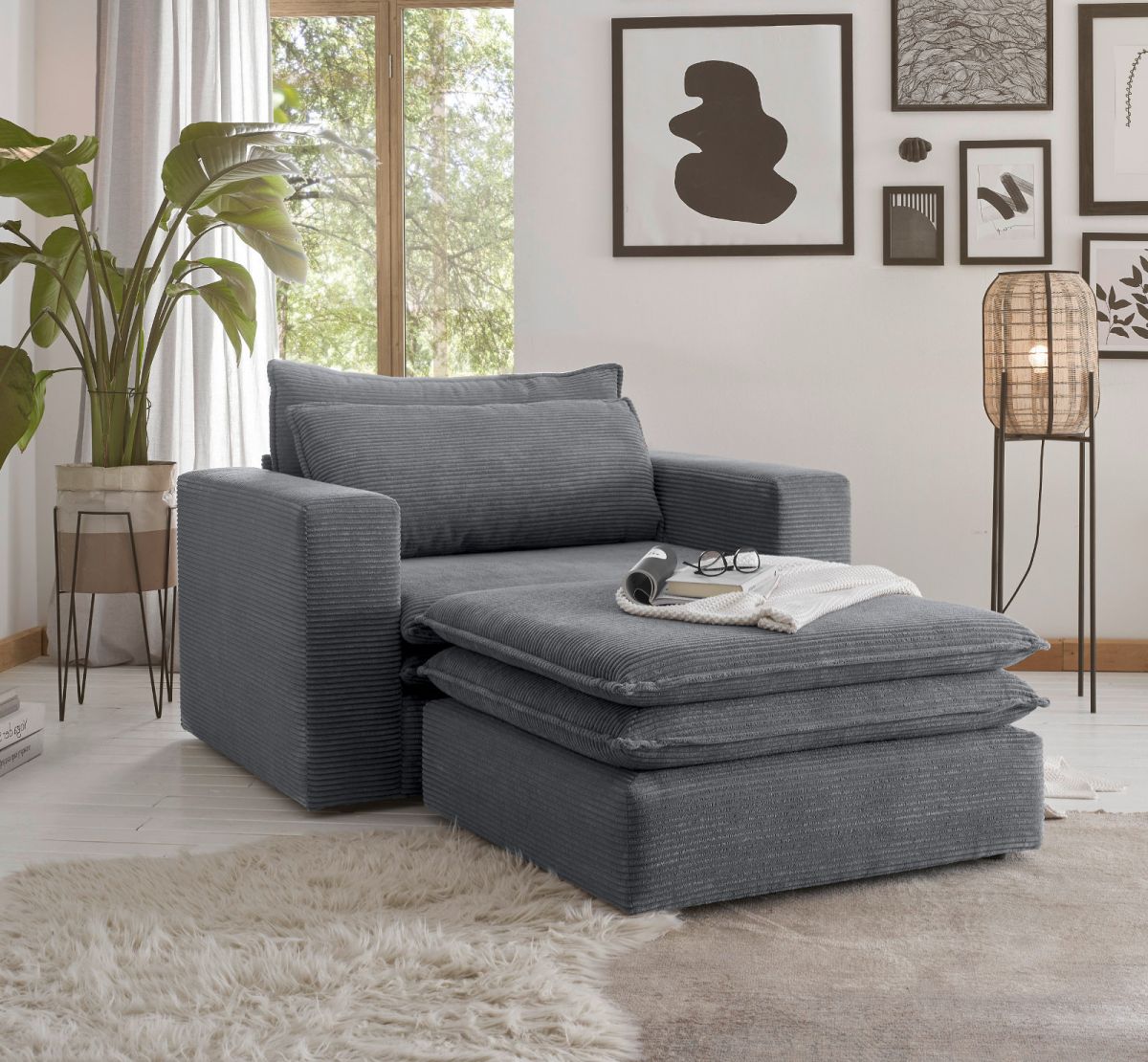 Loveseat Pesaro in grau Cord Set inkl. Hocker