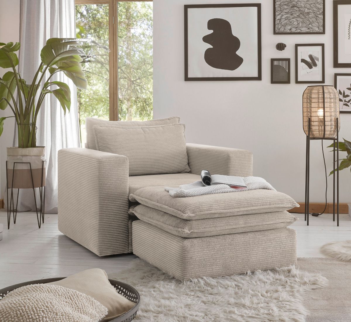 Sessel Pesaro in beige Cord Set inkl. Hocker