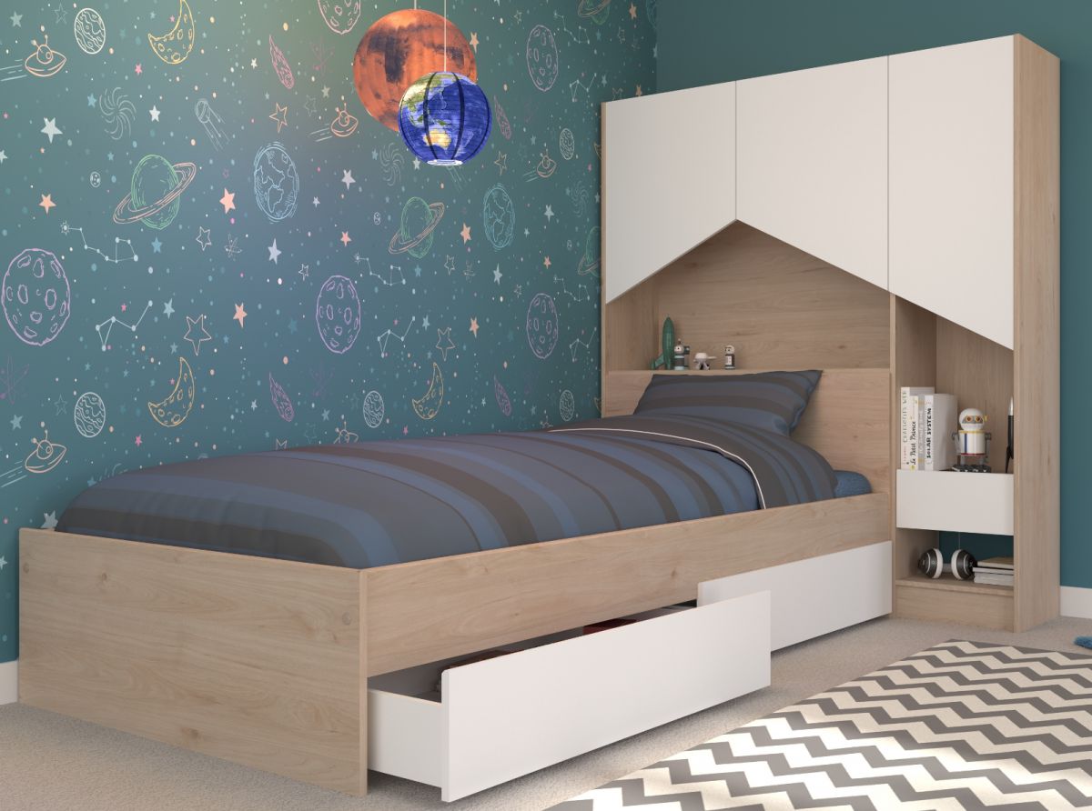 Parisot Stauraumbett 'Shelter8' in weiß und Eiche Set mit Bett Liegefläche 90 x 200 cm, 2 x Bettschubkasten und Regal