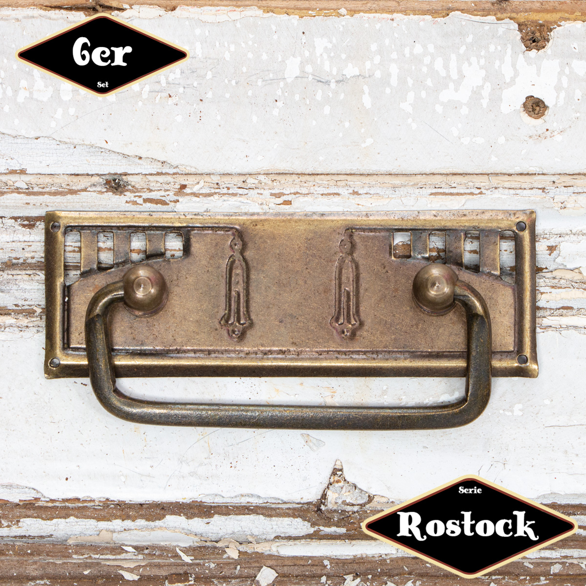 Schubladengriff,Serie 'Rostock',6er Pack  | Eisen in Messing pat. | H4,6xB9,8cm