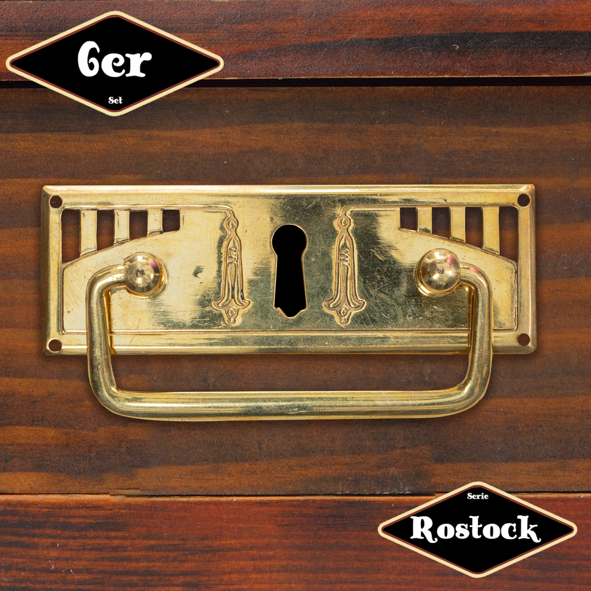 Schubladengriff,Serie 'Rostock',6er Pack  | Eisen in Messing gl. | H4,4xB9,8cm