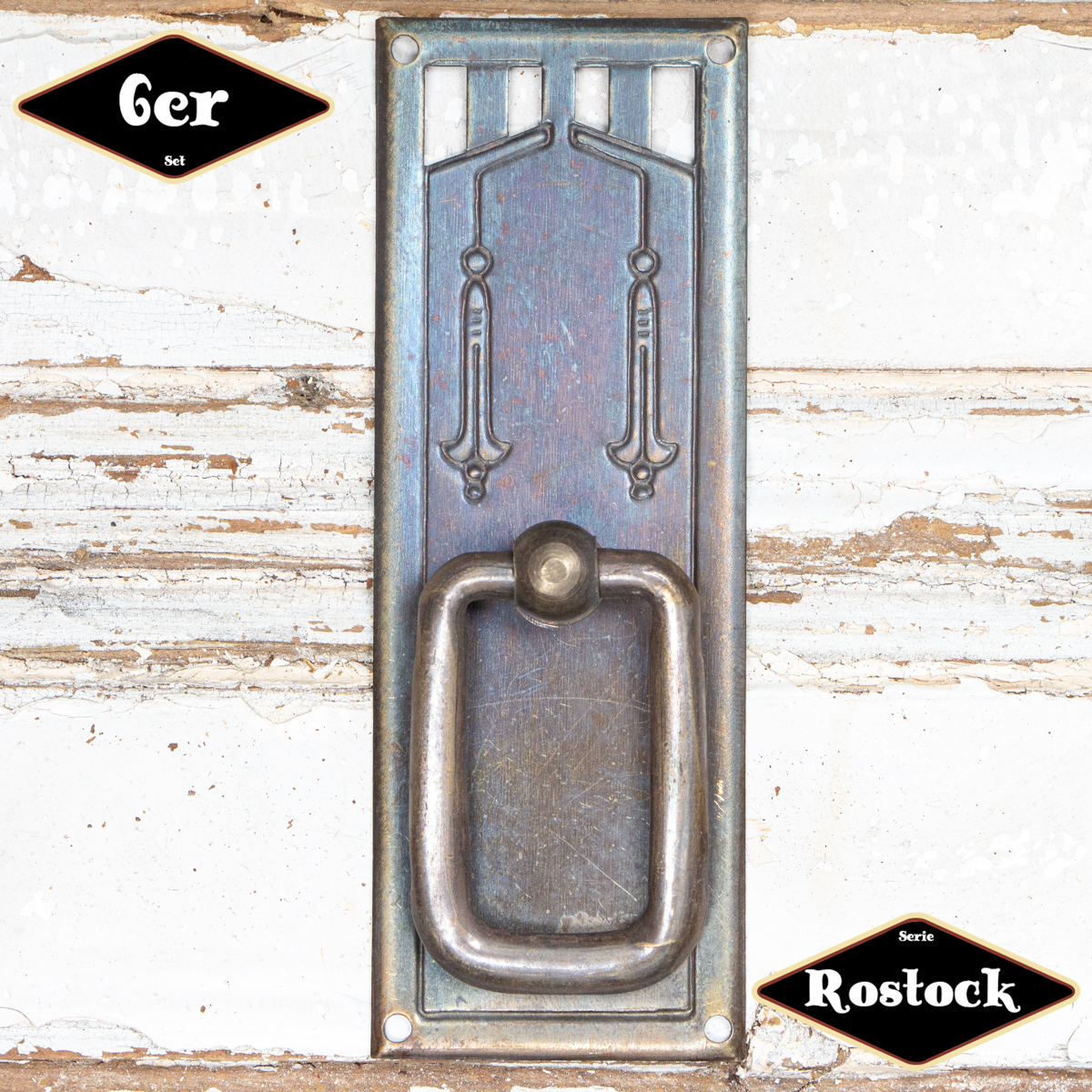 Schubladengriff,Serie 'Rostock',6er Pack  | Eisen in Messing pat. | H9,8xB3,6cm