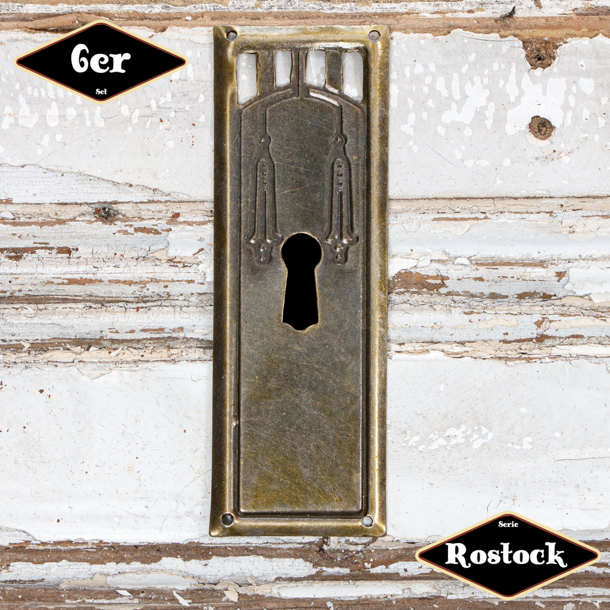 Schlüsselplatte,Serie 'Rostock',6er Pack  | Eisen in Messing pat. | H9,7xB3,4cm