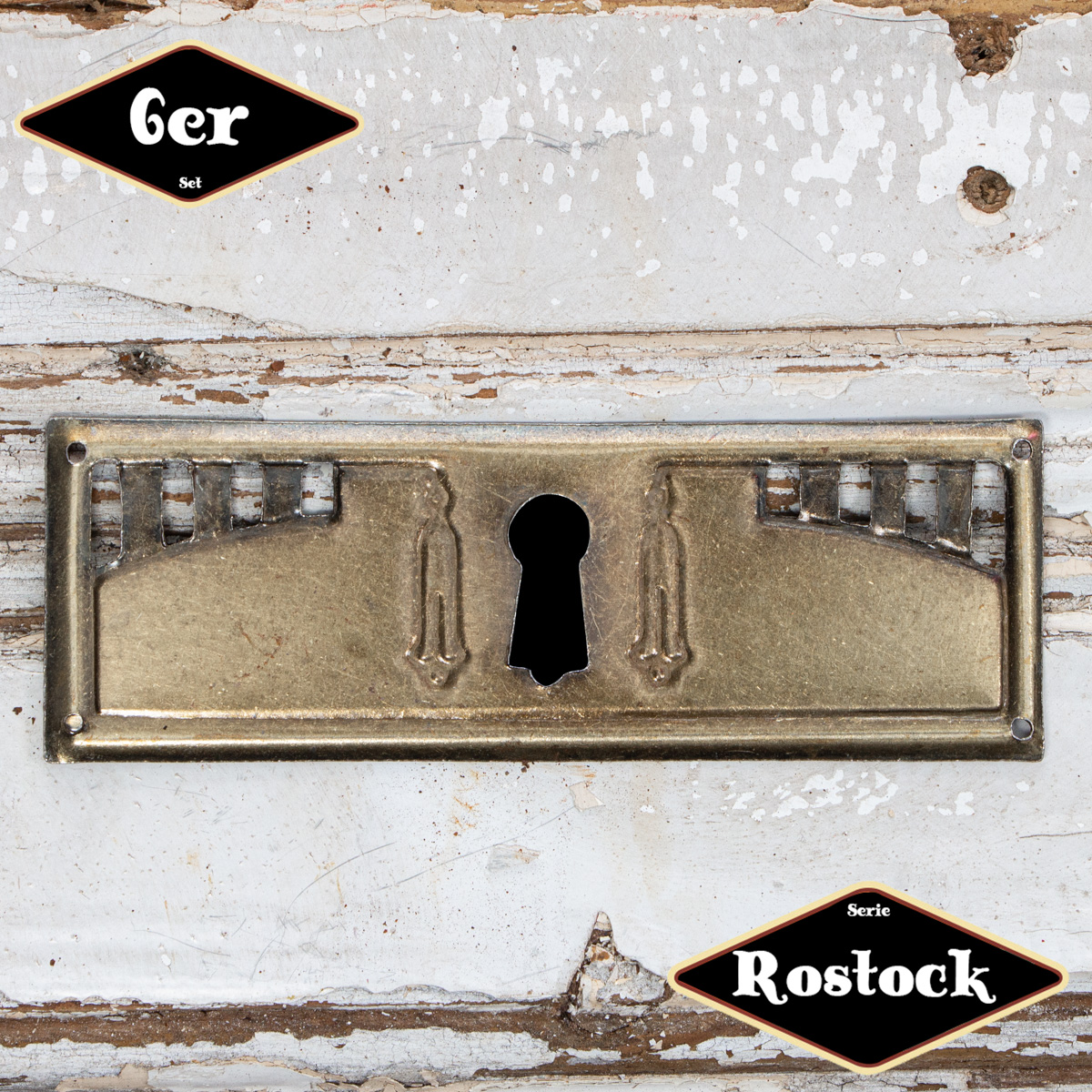 Schlüsselplatte,Serie 'Rostock',6er Pack  | Eisen in Messing pat. | H3,8xB9,8cm