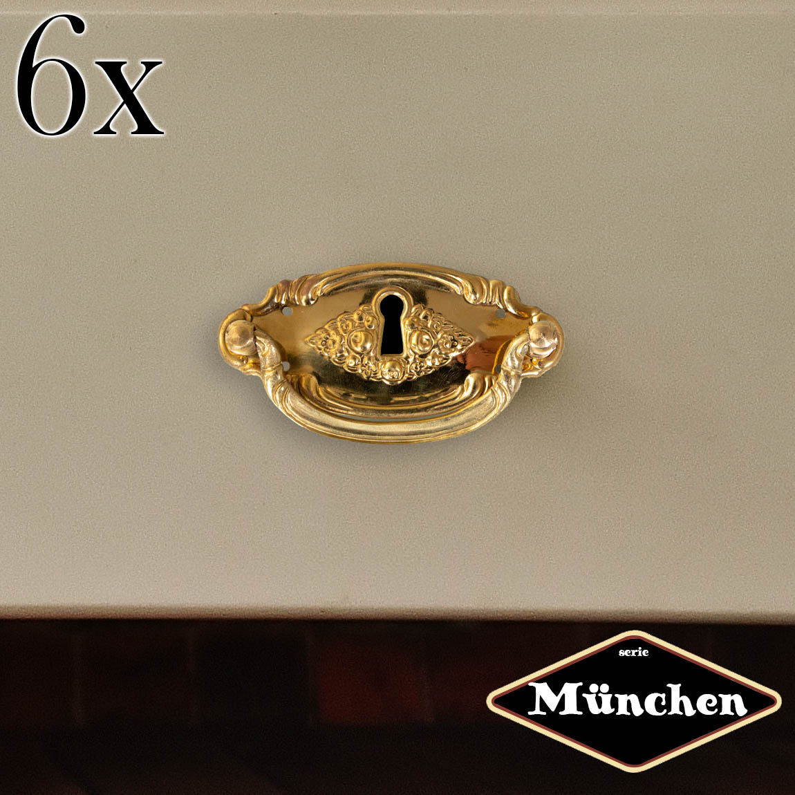 Schubladengriff mit Schlüsselloch, Eisen Messing gl., Serie 'München', 6er Pack
