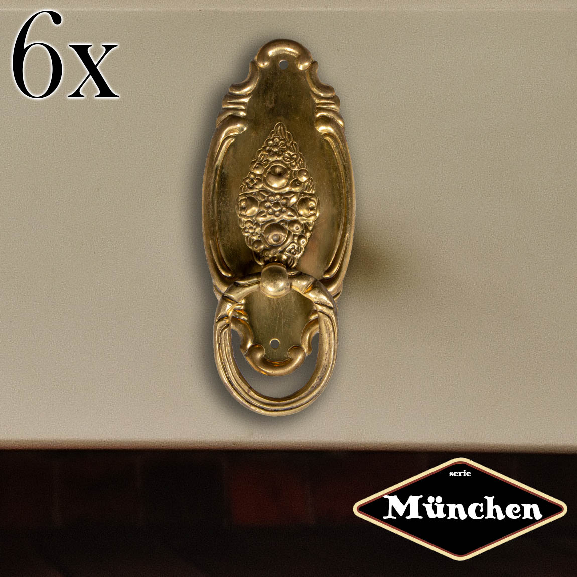 Schubladengriff mit Griff, Eisen in Messing gl., Serie 'München', 6er Pack