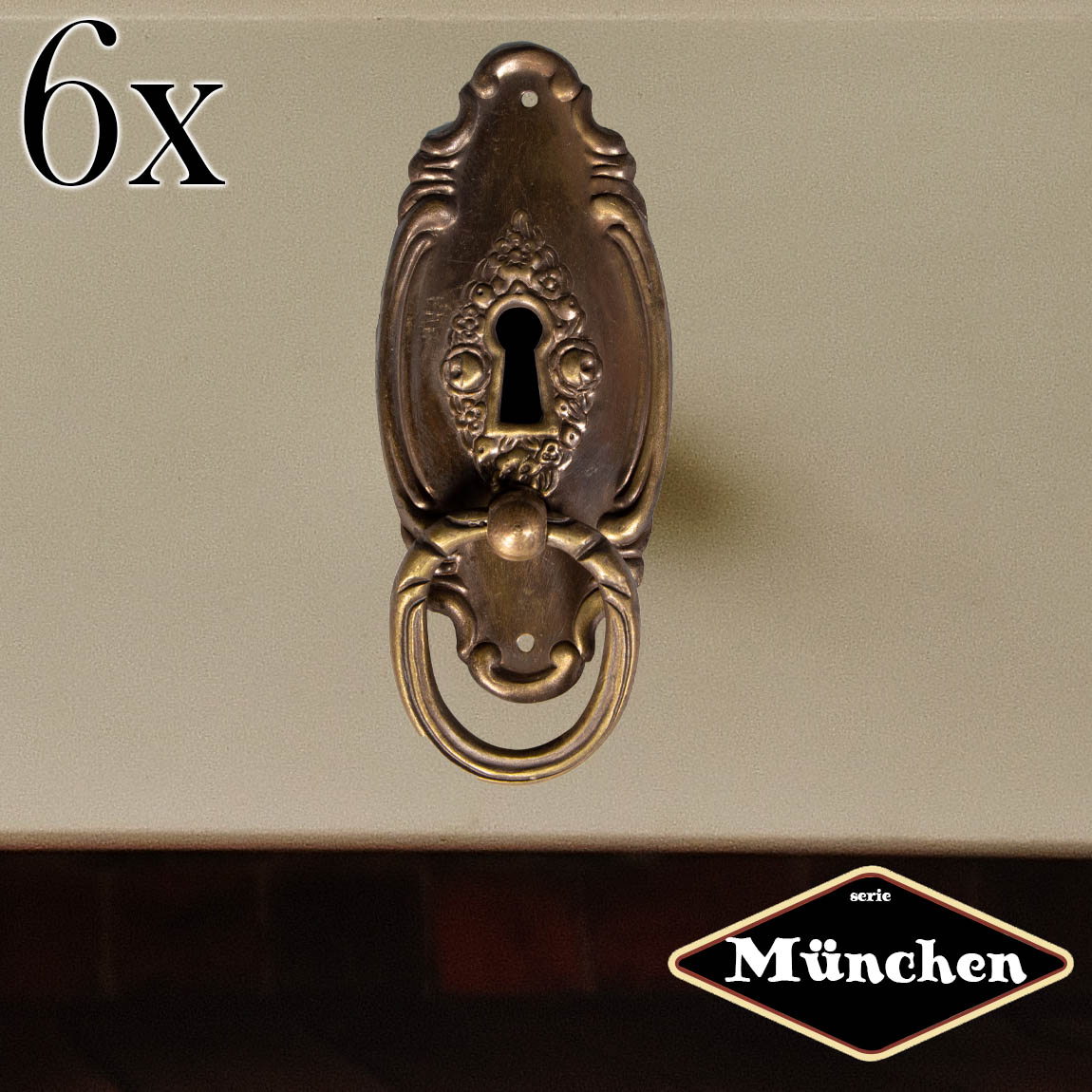 Schlüsselplatte mit Griff, Eisen in Antikmessing, Serie 'München', 6er Pack