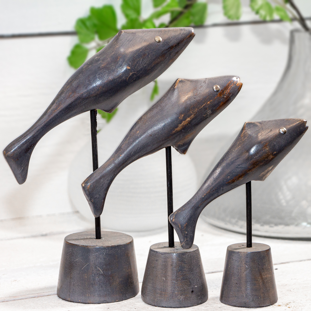 Holzfigurset, 3er, Fisch, Klein, Grau, Tiere, Tierfiguren, Dekoration