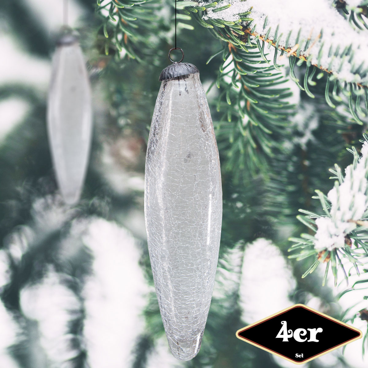 Christbaumkugelset in Zapfen-Form, 6er Set|Glas, weiß, krakeliert |H24,0xB6,5cm