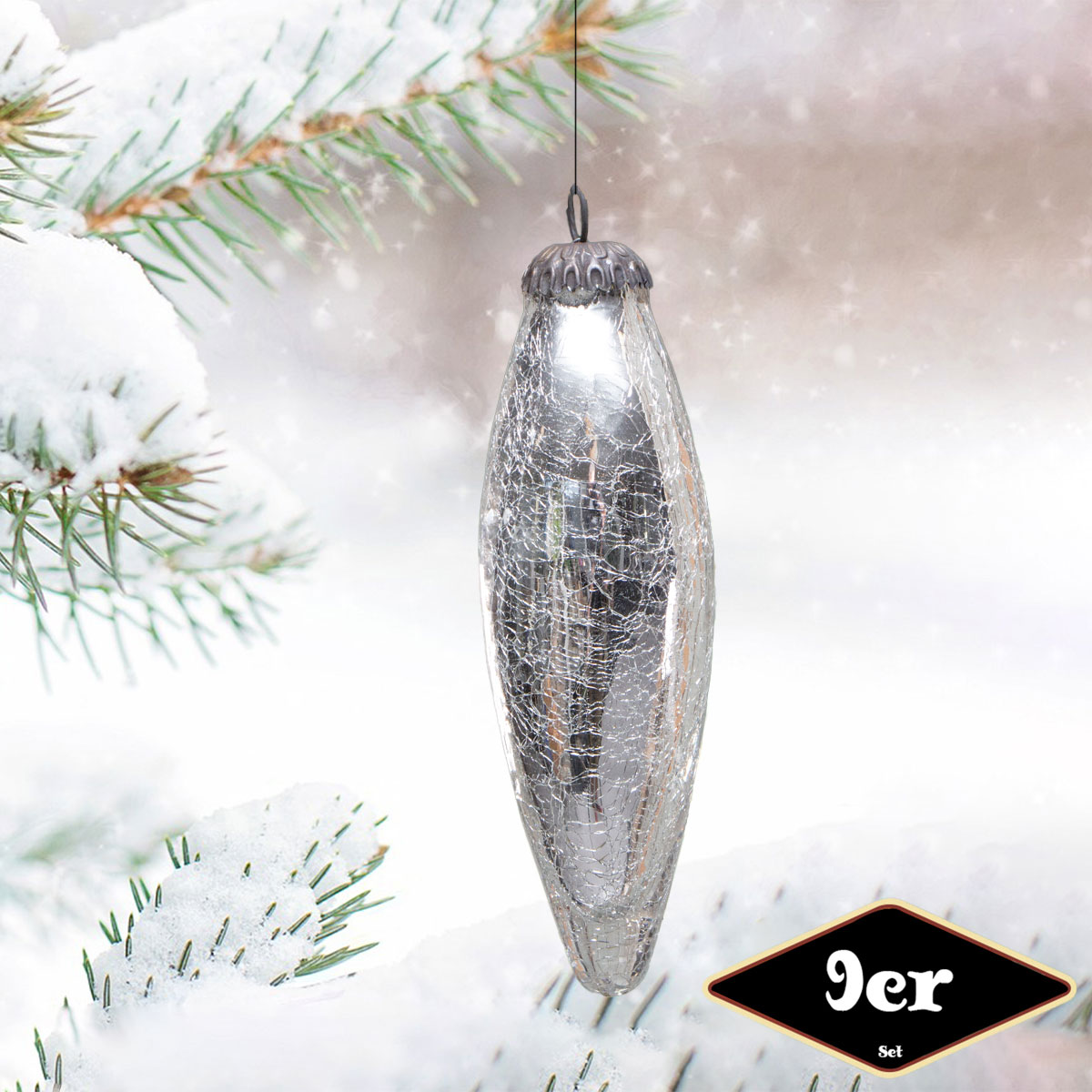 Christbaumkugelset in Zapfen-Form, 9er Set|Glas, weiß, krakeliert |H13,5xB5,0cm