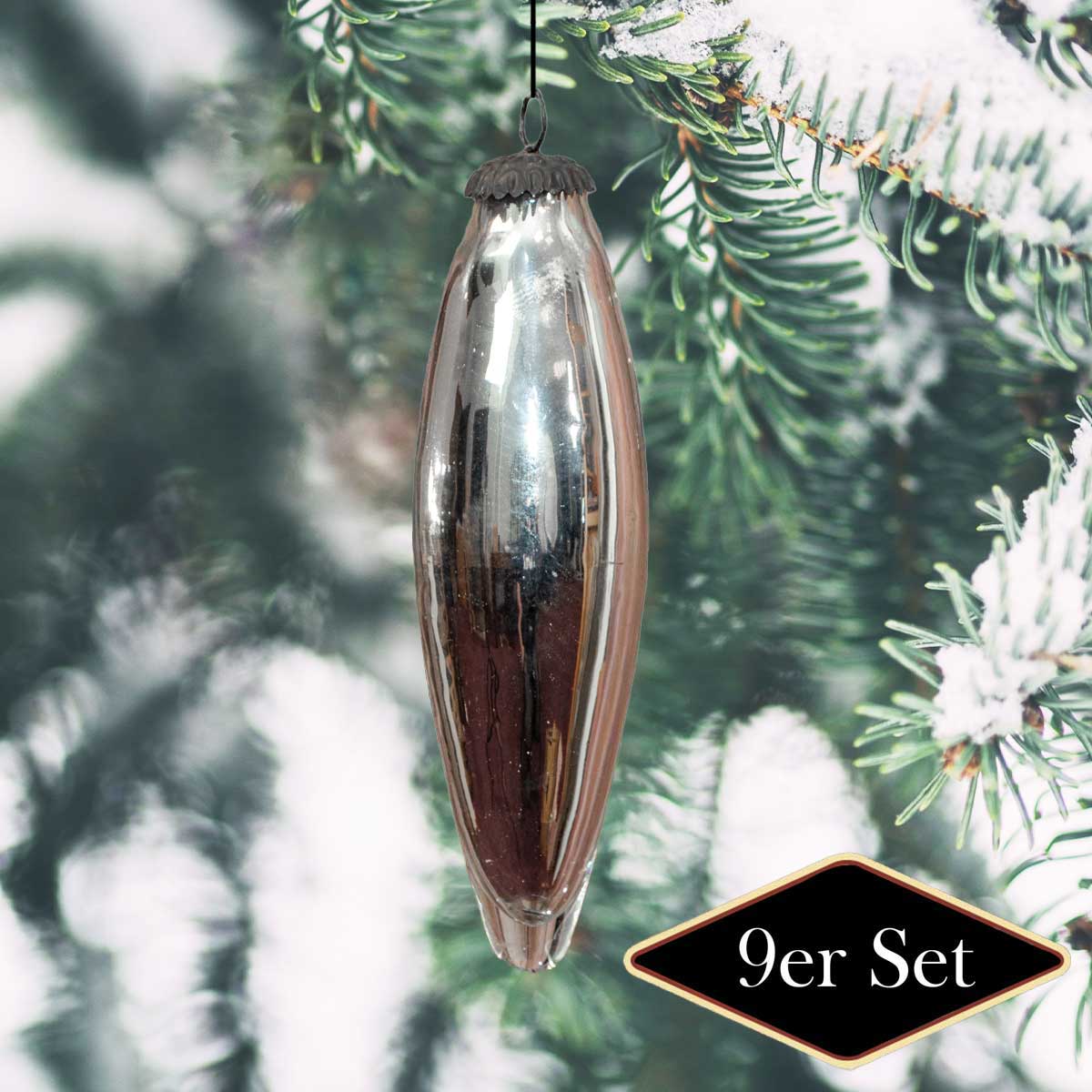 Christbaumkugeln in Zapfen-Form, Silber, XL, Weihnachten, 9er Set