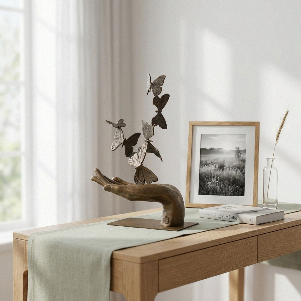 Hochwertige Bronze Skulptur Hand mit Schmetterlingen, patiniert, H.35 cm