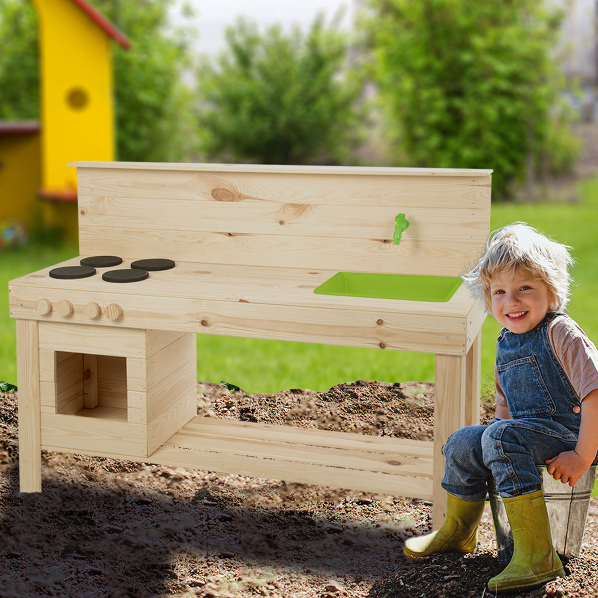 Matschküche für Kinder | Holz, Beige, Grün  | H 87,0 x B 120,0 cm