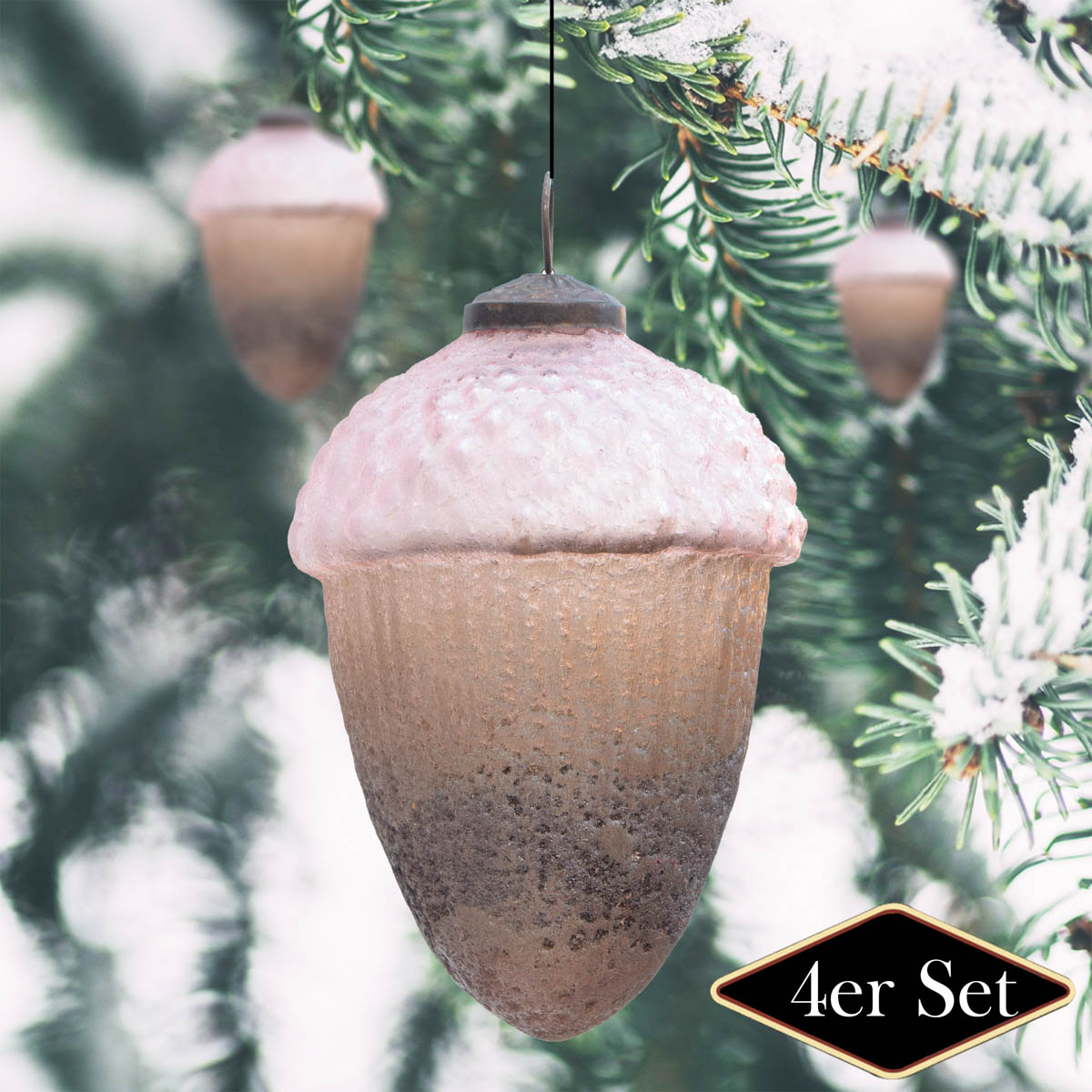 Christbaumkugelset Nuss-Form, 4er Set |Glas, Pink| H14,0xB10,0cm