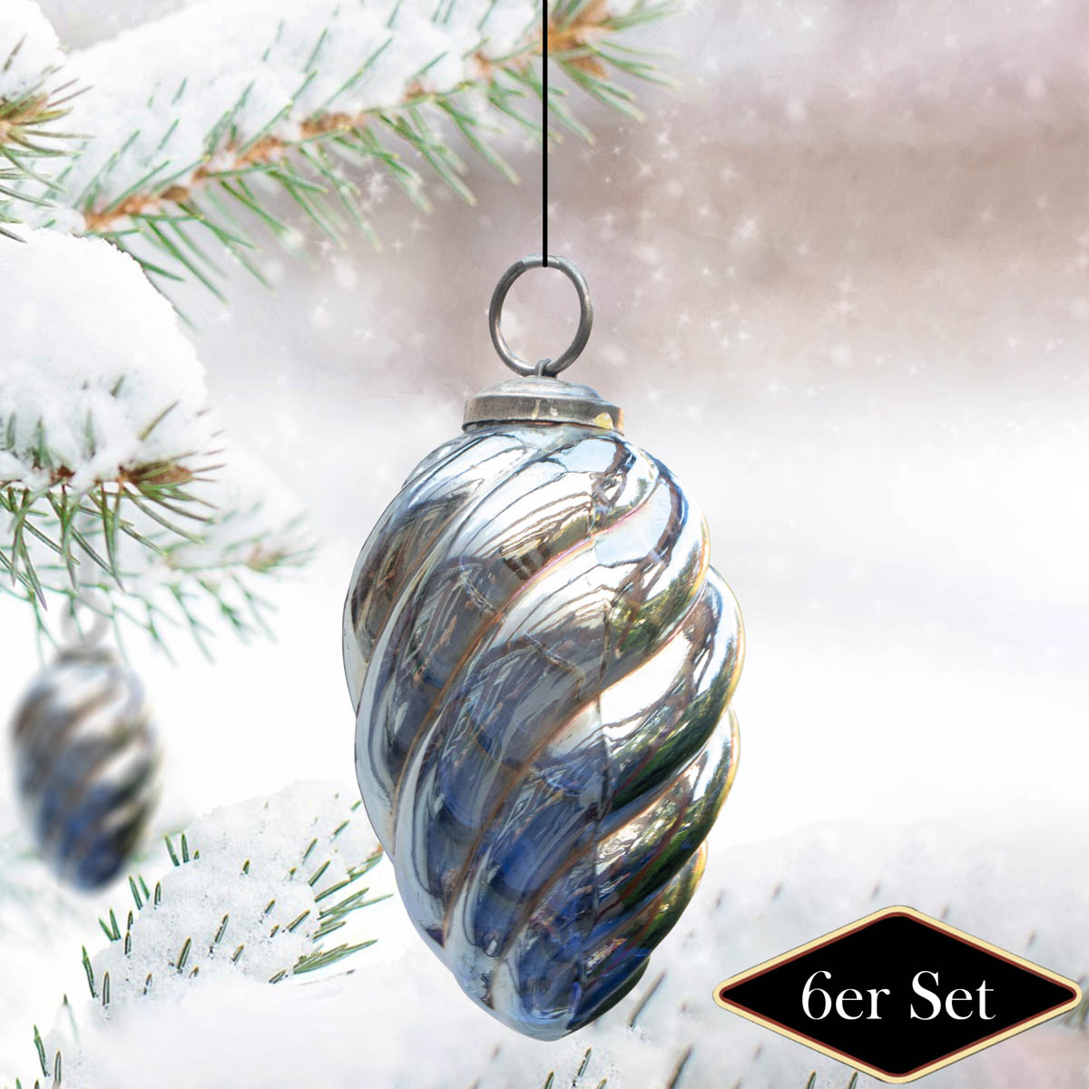 Christbaumkugelset Zapfen-Form, 6er Set |Glas, Silber, Struktur | H11,5xB7,0cm