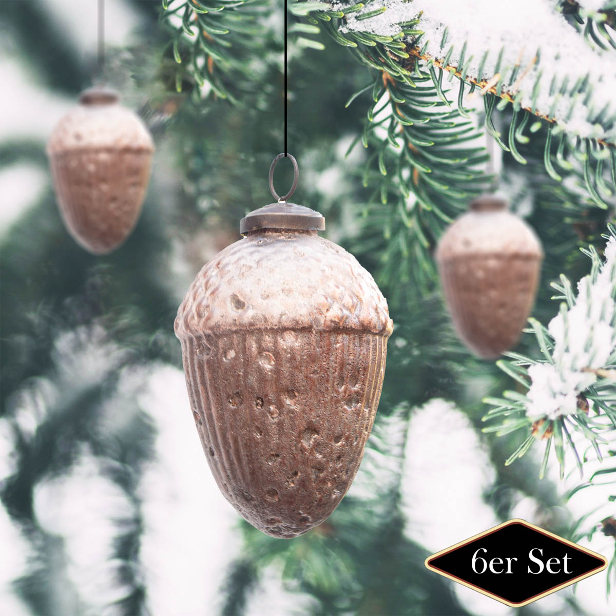 Christbaumkugelset Nuss-Form, 6er Set |Glas, braun| H10,5xB7,0cm