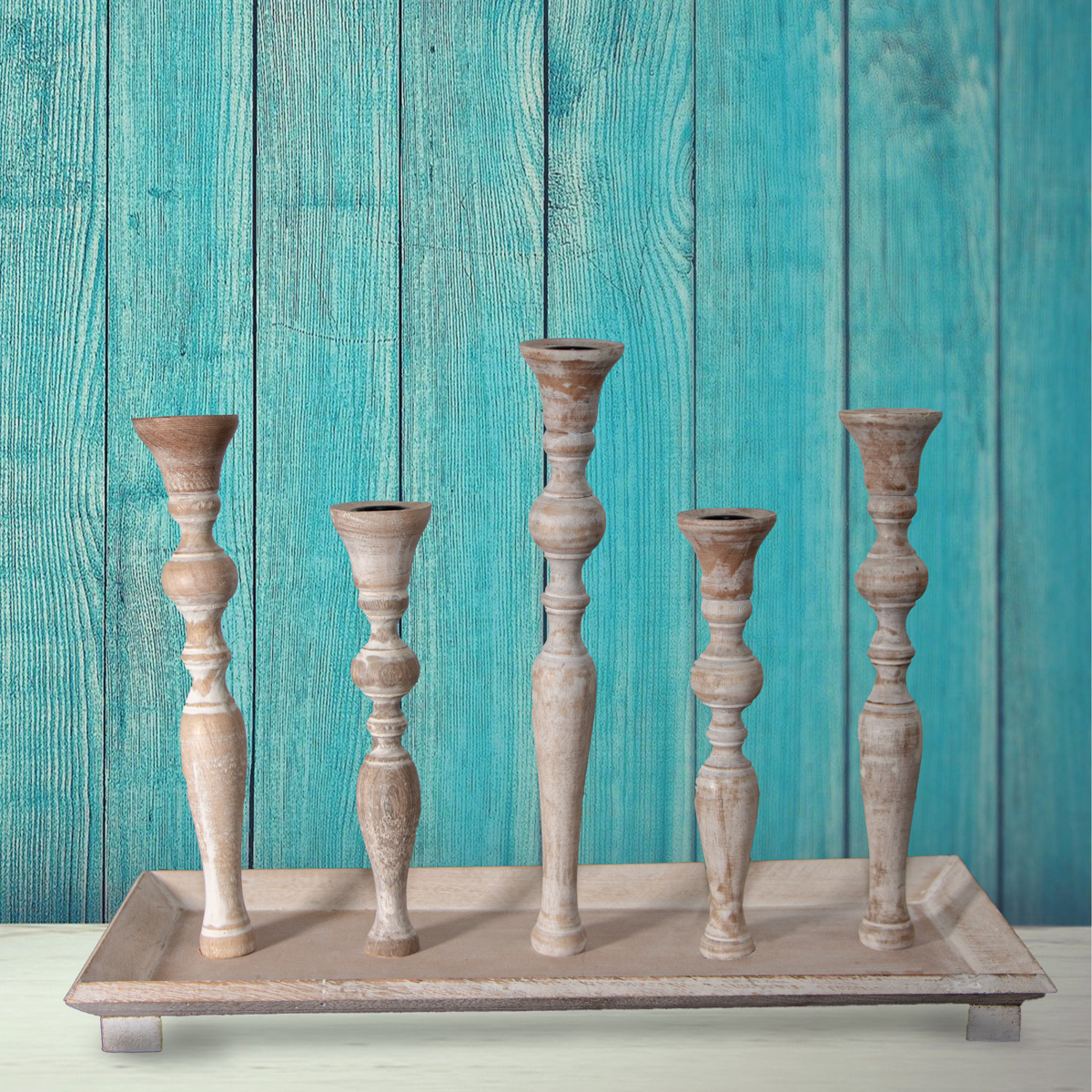 Kerzenhalter, Holz, eckig, Weiß-braun, 5 Kerzen, Chabby Chic