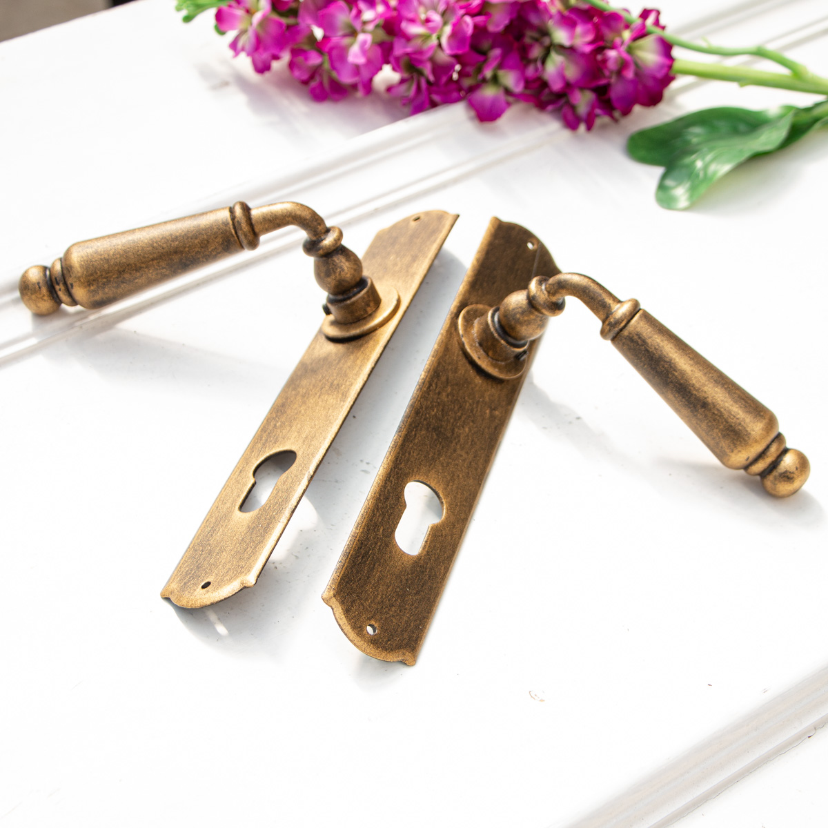 Drückergarnitur für Haustüren,  Langschilder | PZ92 | Eisen, Gold-braun