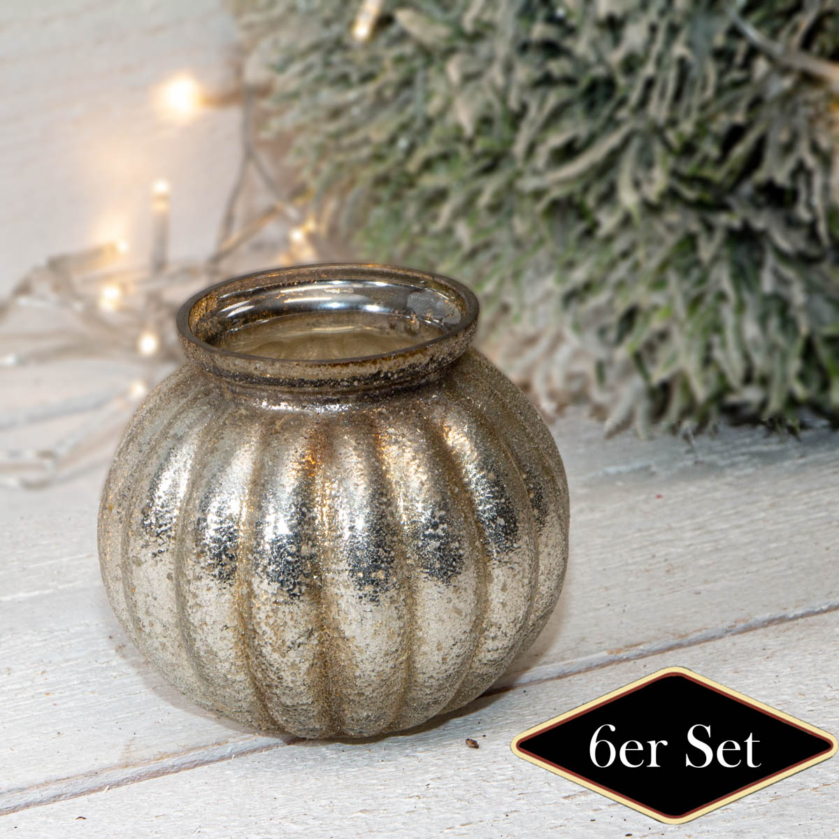 Teelichthalterset, Struktur, 6er Set | Glas, Silber-gold | H9,5xB10,5 cm