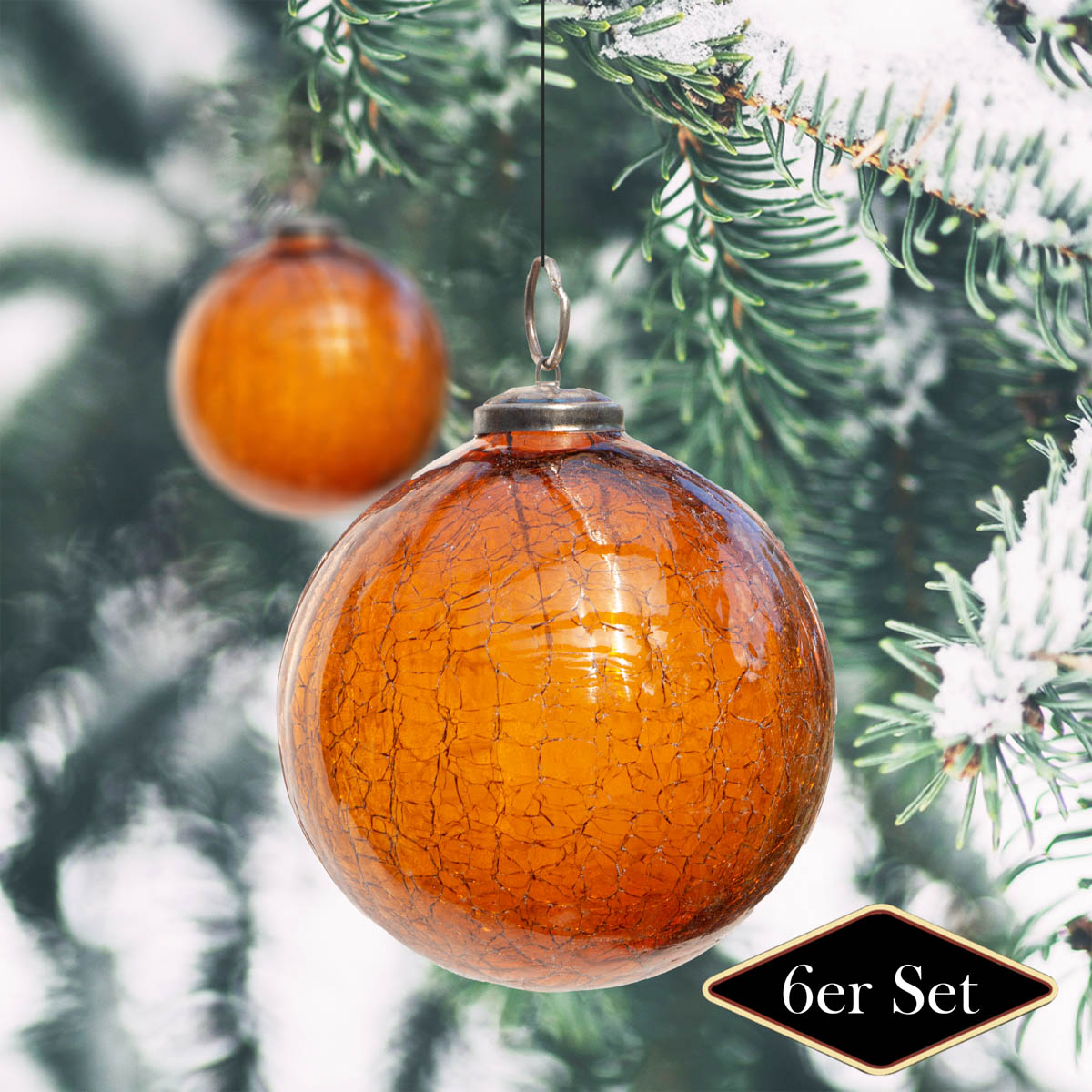 Christbaumkugelset, Rund, krakeliert, 6er Set  | Glas, Orange | H11,0xB10,5cm