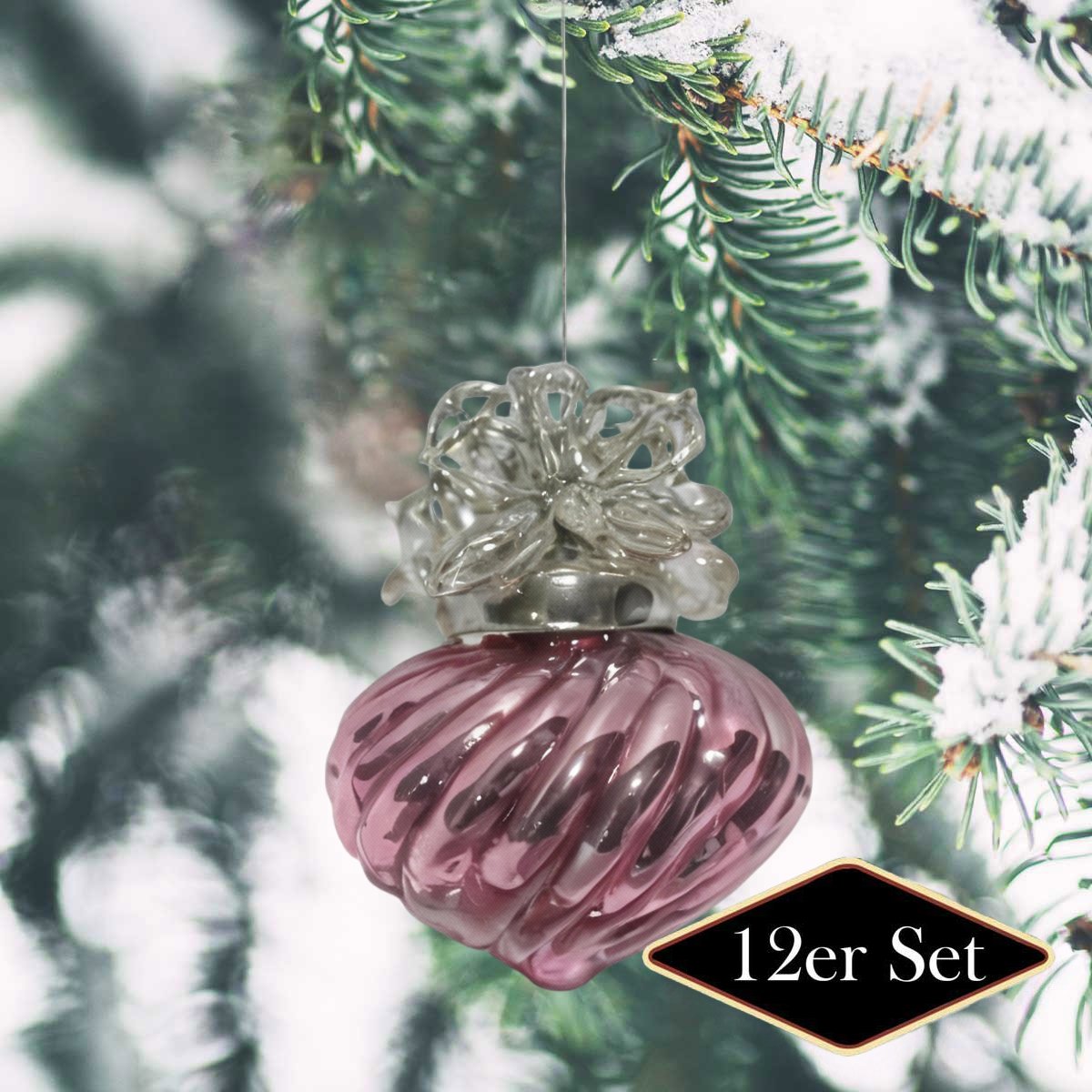 Weihnachtskugel Set, rosa glänzend, geriffelt - handgemacht in Indien, 12er Set