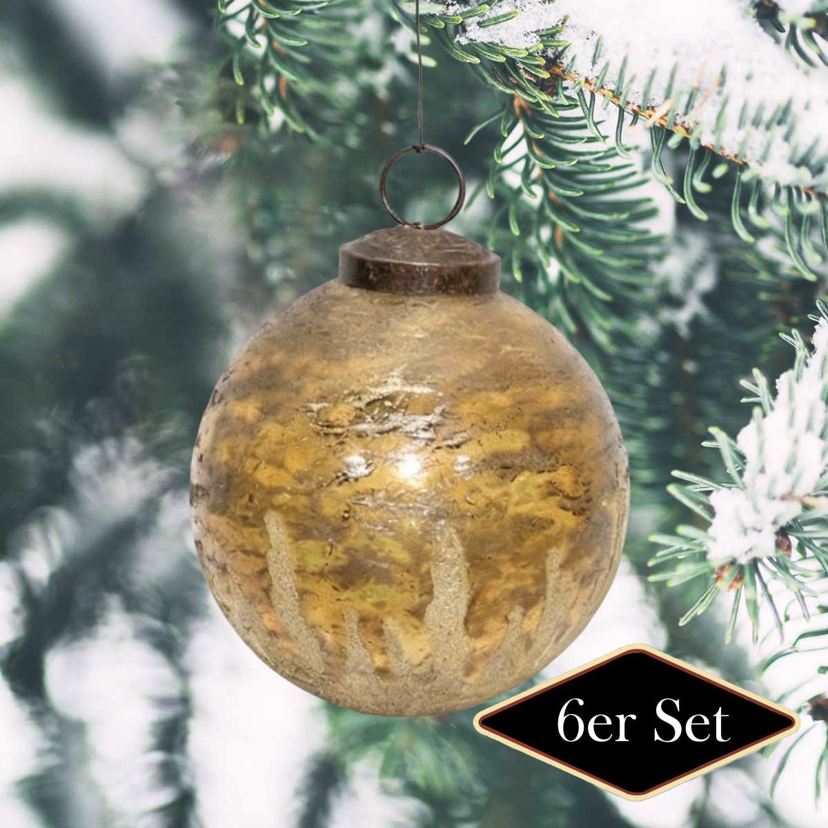 Premium Weihnachtskugel, Glas rund, gold patiniert - handgemacht Indien, Ø 10cm