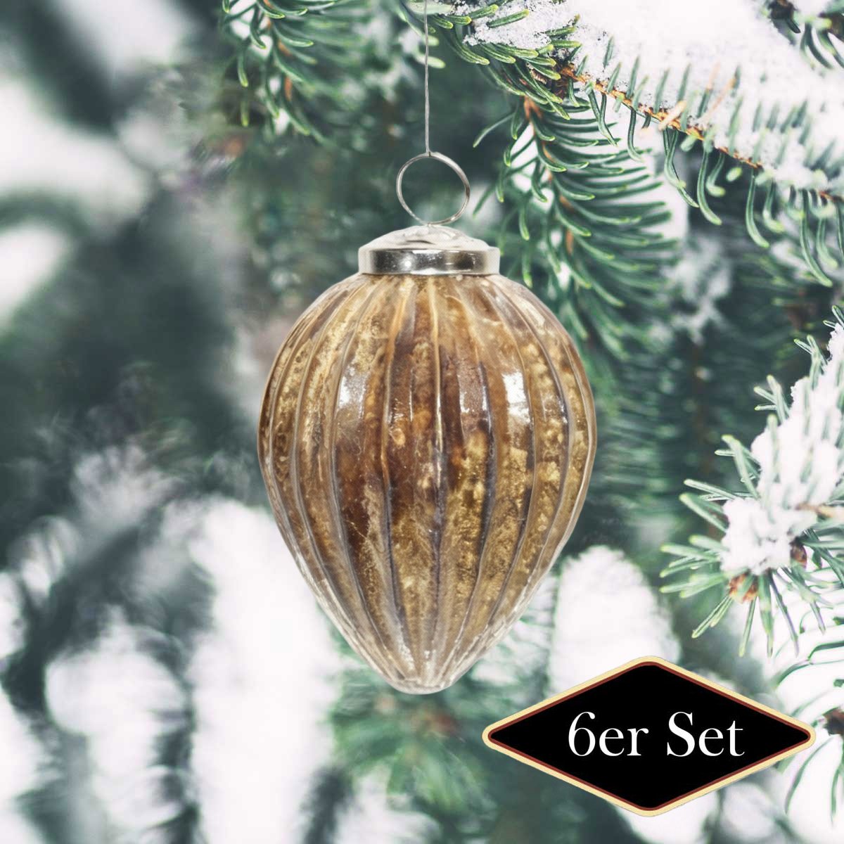 Premium Weihnachtskugel Nussform braun-gold strukturiert - handgemacht in Indien