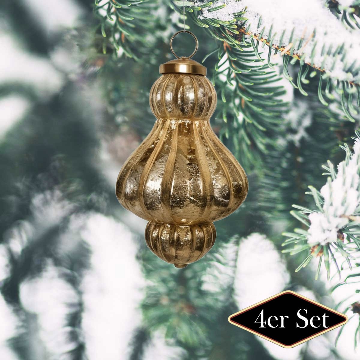 Weihnachtsschmuck, Glas Tropfen, gold antik - handgemacht in Indien, 4er Set