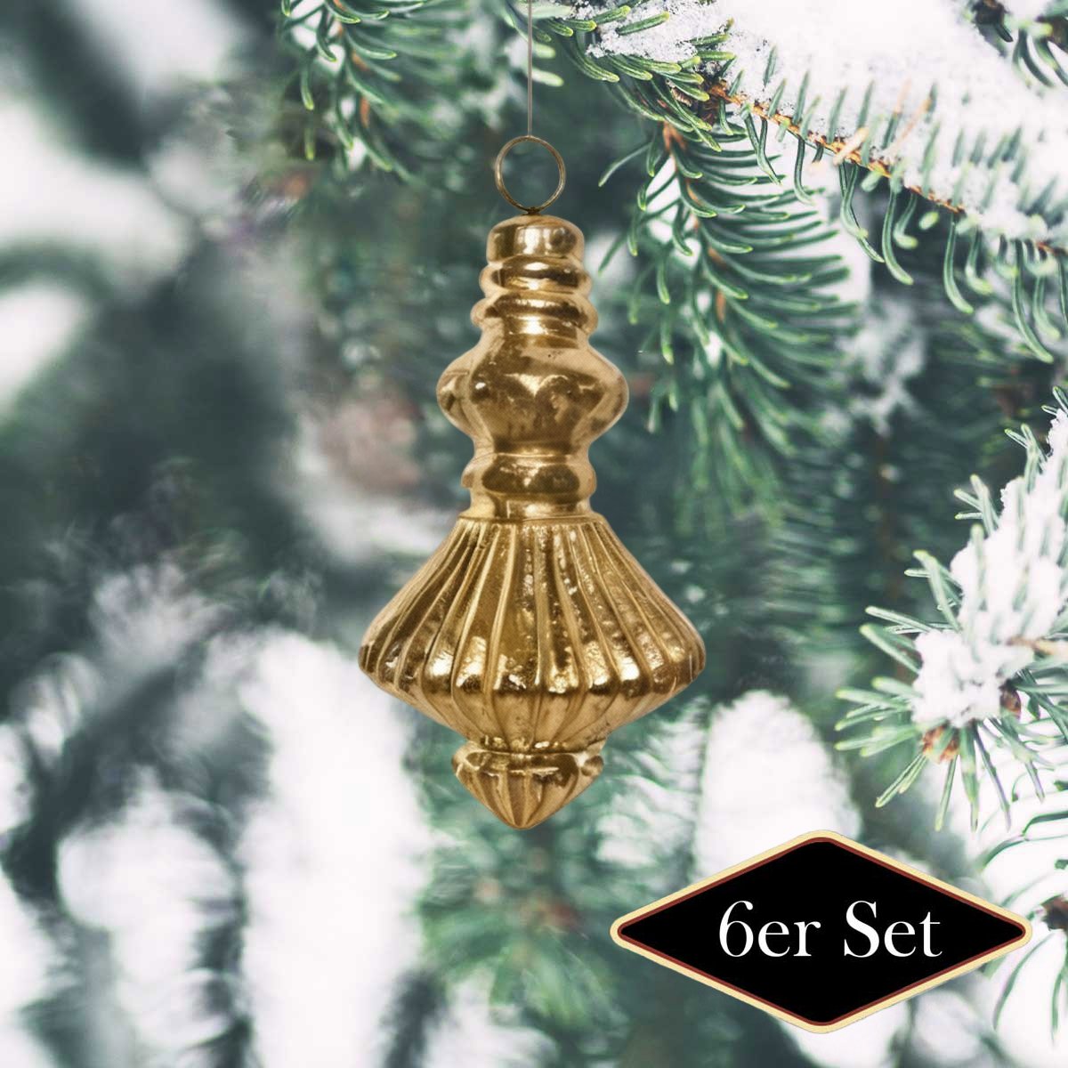 Premium Weihnachtskugel aus Glas, Tropfen gold glänzend - handgemacht in Indien