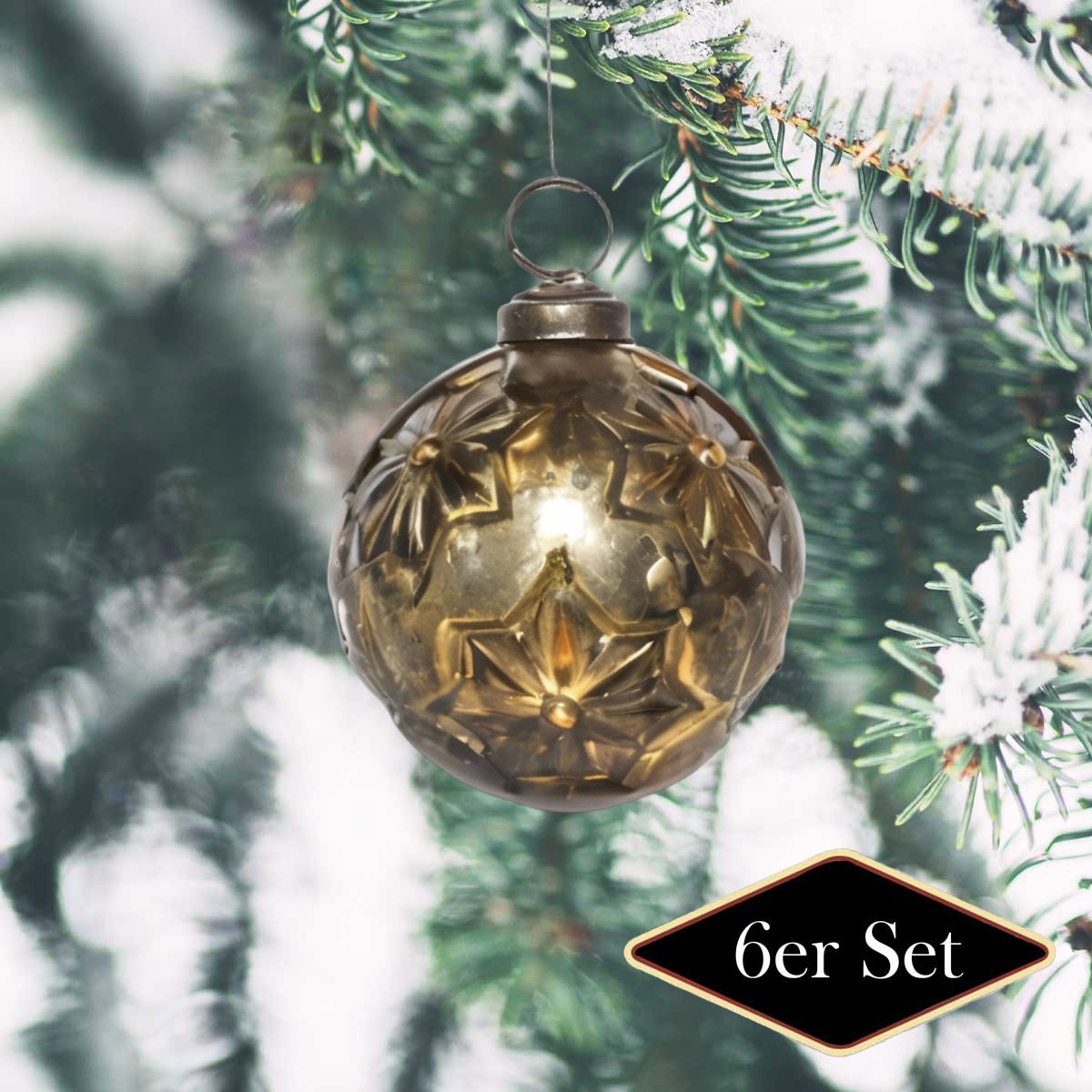 Premium Weihnachtskugel, Glas, gold glänzend mit Sternprägung, 6er Set, ⌀8 cm