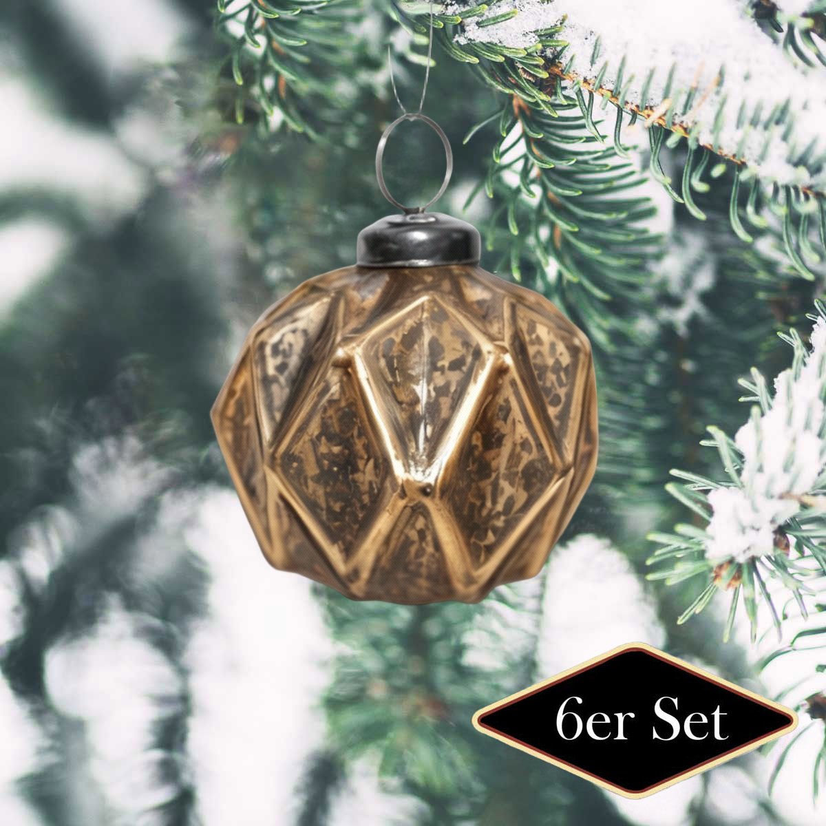 Weihnachtskugel Set aus Glas, gold facettiert - handgemacht in Indien, 6er, ⌀8cm