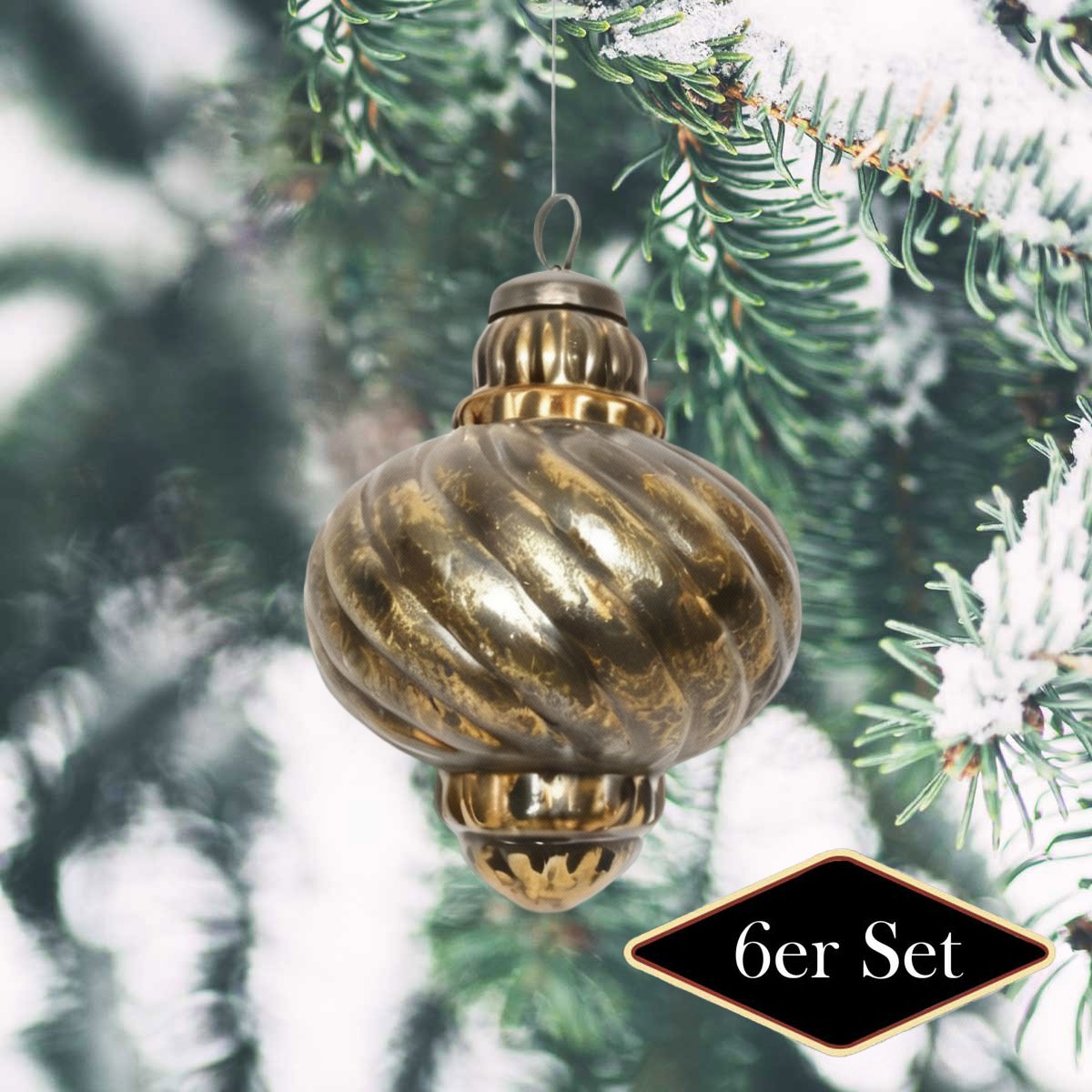 Premium Weihnachtskugel aus Glas, Zwiebel Gold patiniert - handgemacht in Indien