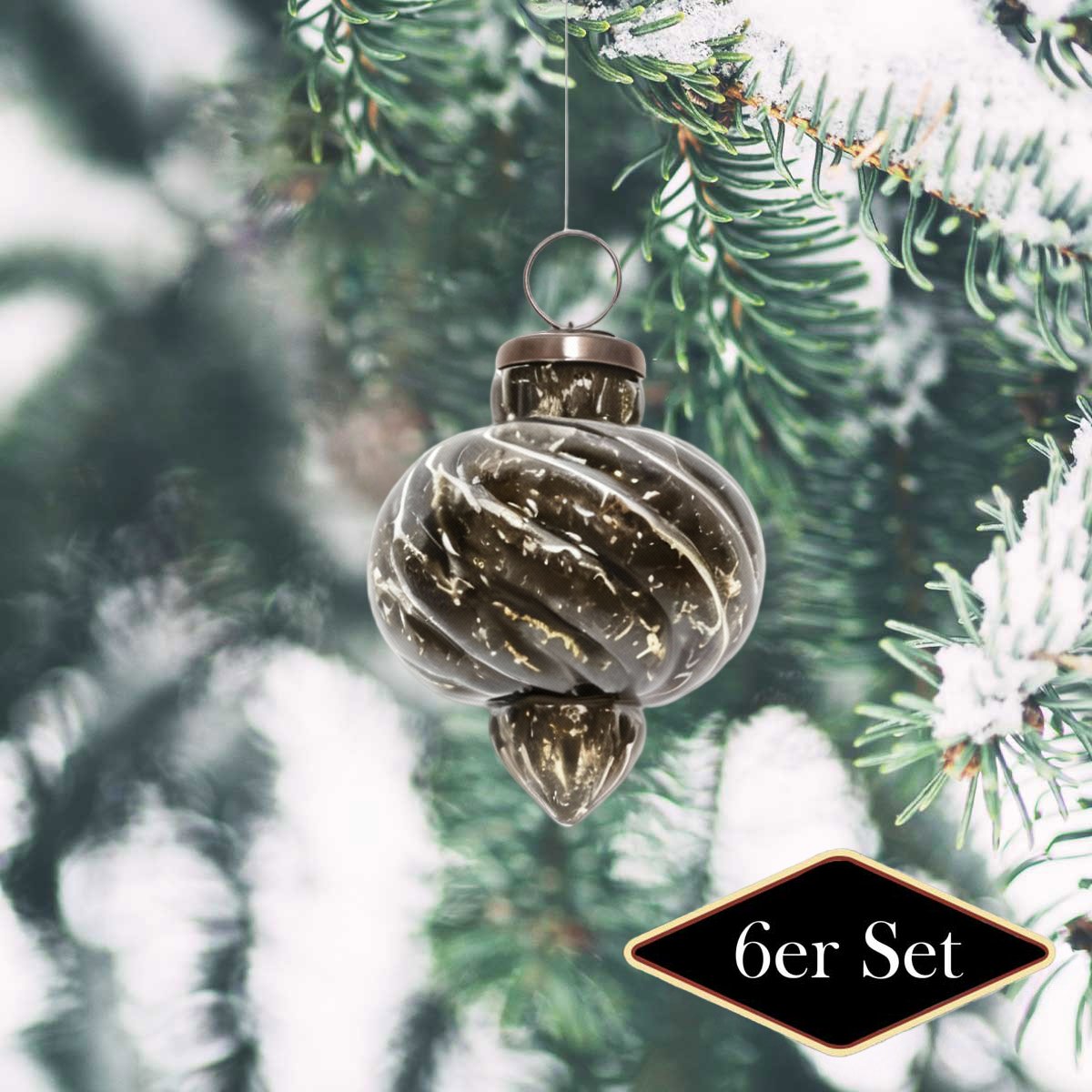 Weihnachtskugel, spiralförmig grau-gold glänzend- handgemacht in Indien, H.9cm