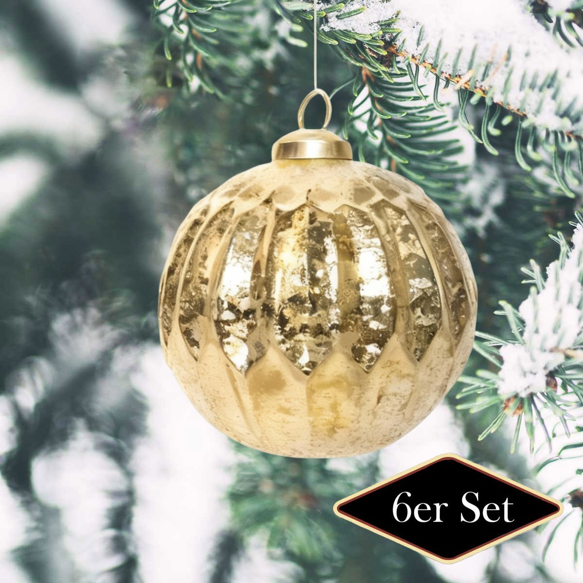 Weihnachtskugel Glas, strukturiert Gold glänzend - handgemacht in Indien, ⌀10 cm