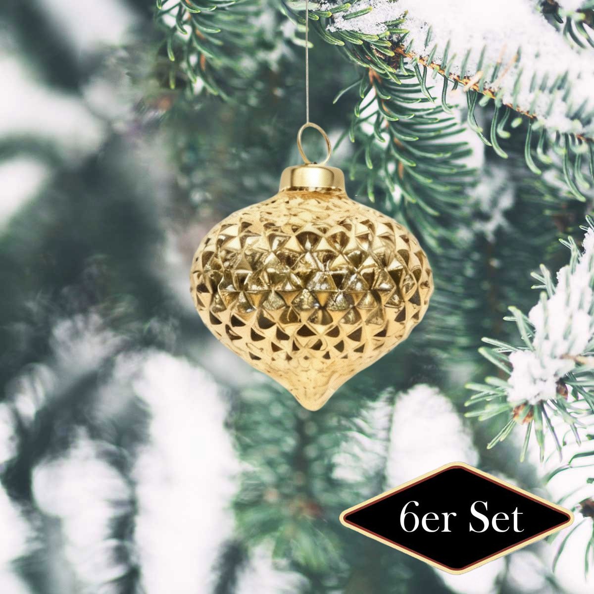 Weihnachtskugel Tropfen Raute, gold glänzend Glas -handgemacht in Indien, H.8 cm