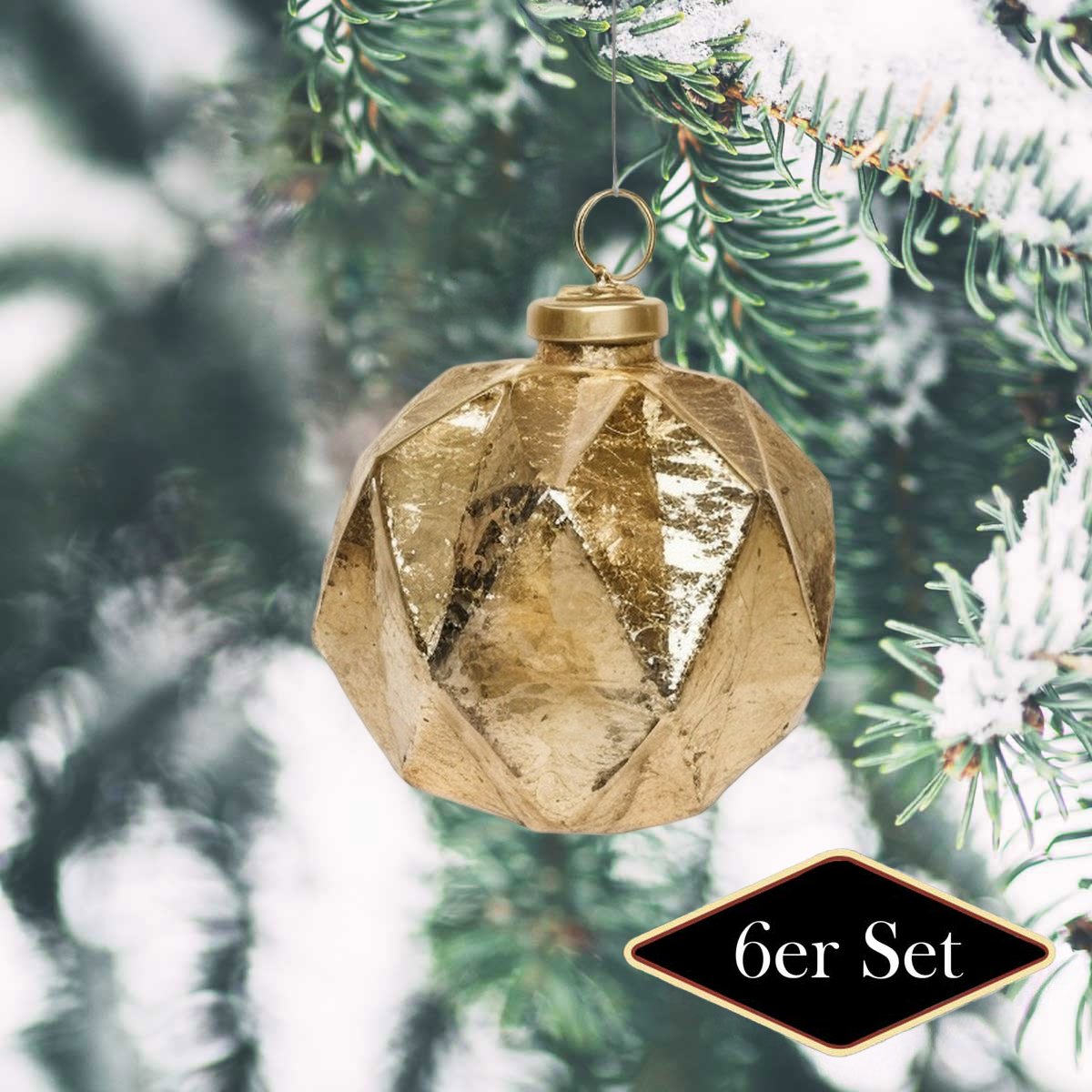 Premium Weihnachtskugel aus Glas, facettiert gold - handgemacht in Indien, ⌀8 cm