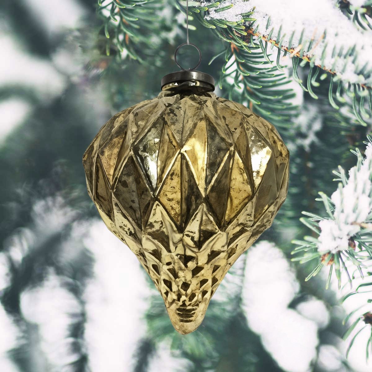 Weihnachtskugel Tropfen Gold, glänzend facettiert - handgemacht Indien, H.16cm