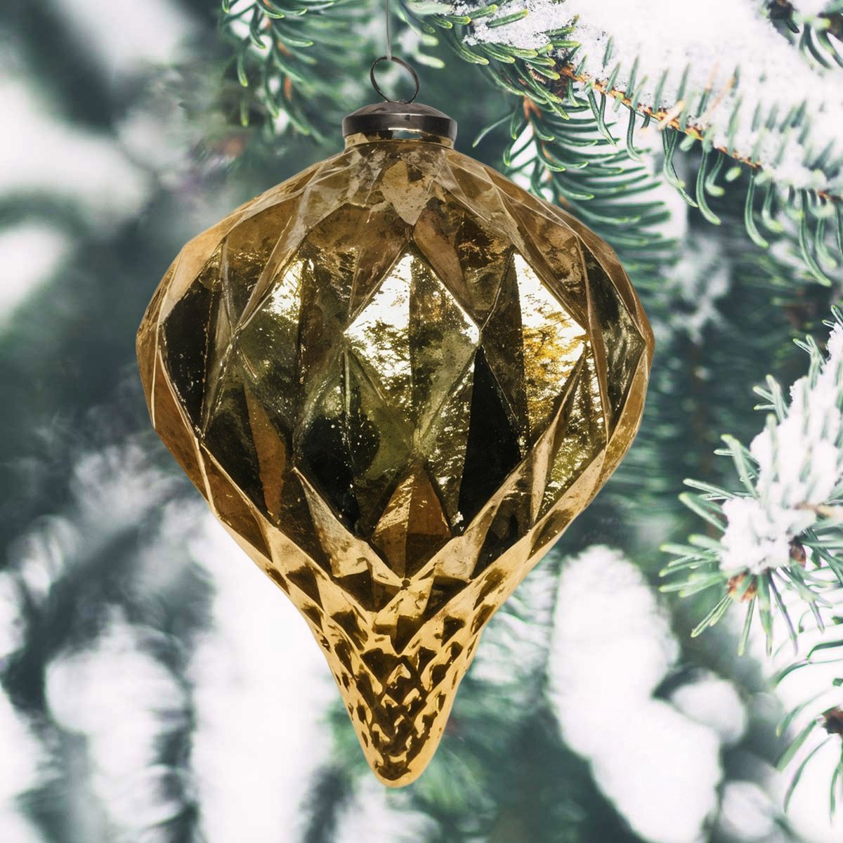 Weihnachtskugel Glas Tropfen, Gold facettiert - handgemacht in Indien, H.22cm