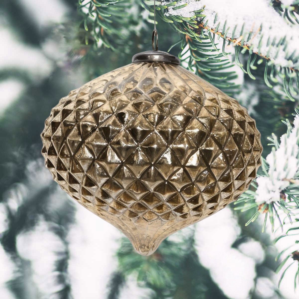 Weihnachtskugel Glas Rautenmuster, gold glänzend - handgemacht in Indien, D.19cm