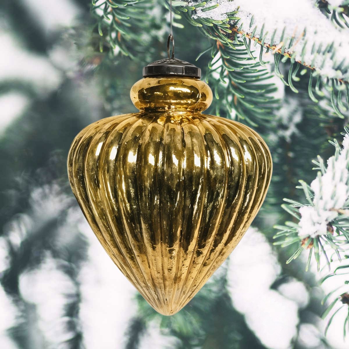 Weihnachtskugel Tropfenform Glas, gold glänzend - handgemacht in Indien, H.17 cm