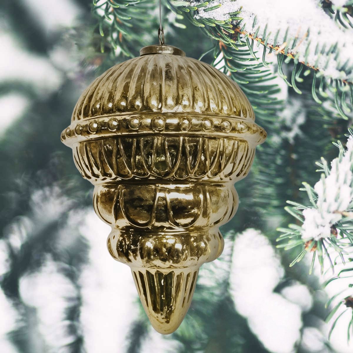 Weihnachtskugel Zapfen Glas, gold glänzend - handgemacht in Indien, H.21cm
