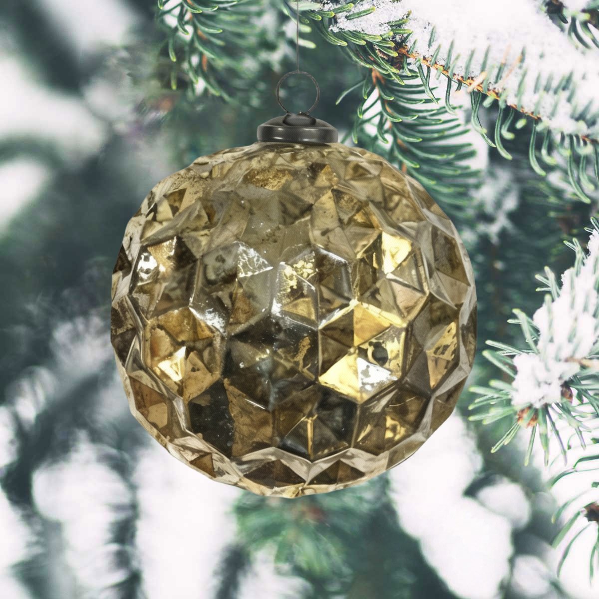 Weihnachtskugel Glas, Gold facettiert glänzend - handgemacht in Indien, ⌀16 cm