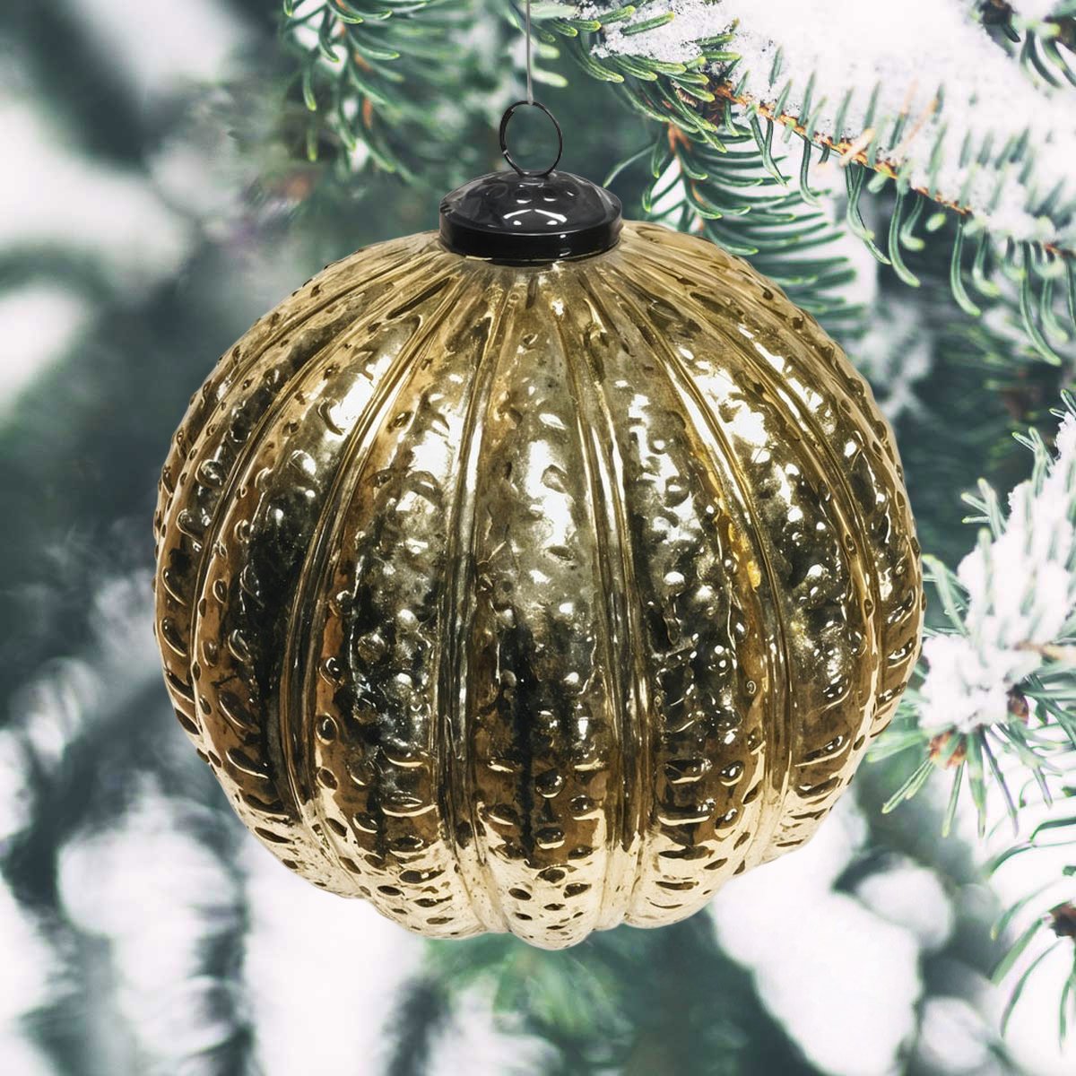 Premium Weihnachtskugel Glas, gold strukturiert - handgemacht in Indien, ⌀21 cm