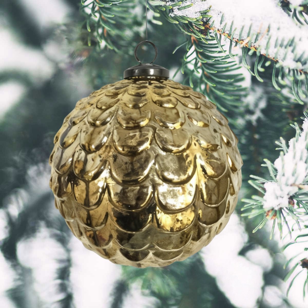 Weihnachtskugel Glas, Gold glänzend strukturiert - handgemacht in Indien, ⌀16 cm