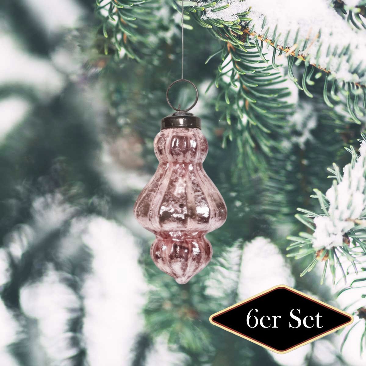 Weihnachtskugeln Tropfen Glas, rose glänzend - handgemacht in Indien, H.9 cm