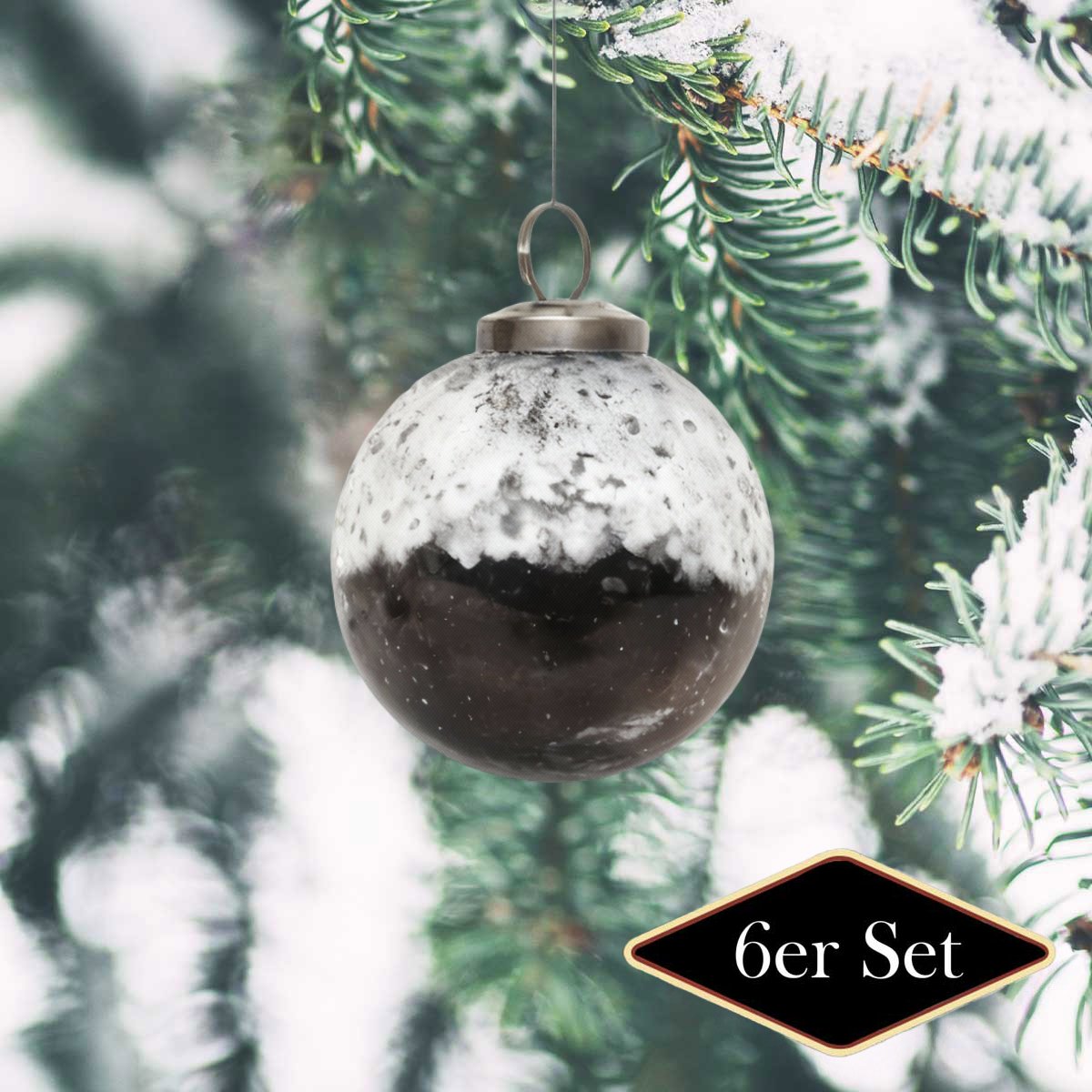 Premium Weihnachtskugeln rund, schwarz/weiß patiniert - handgemacht Indien, ⌀8cm