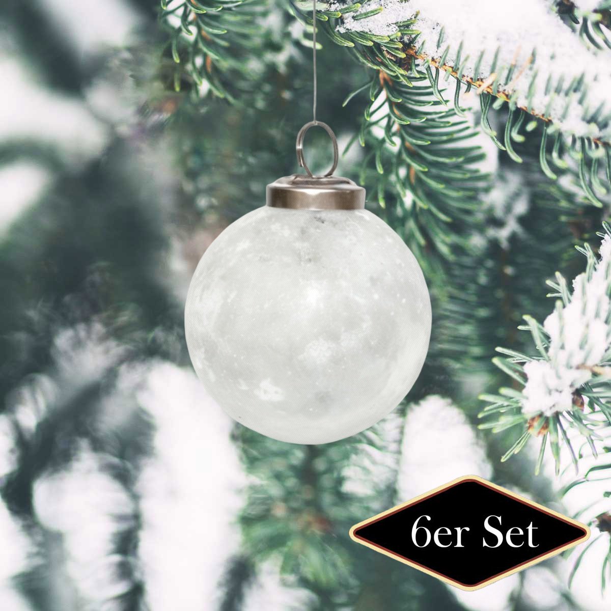 Premium Weihnachtskugeln rund,Glas weiß frosted - handgemacht in Indien, ⌀8 cm