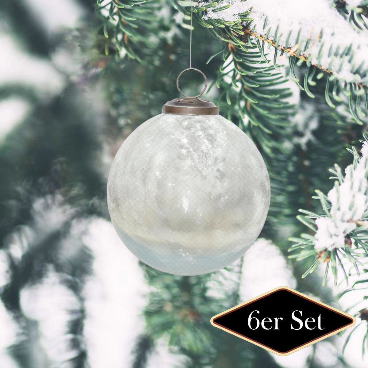 Weihnachtskugeln rund, Glas weiß frosted - handgemacht in Indien, ⌀10 cm