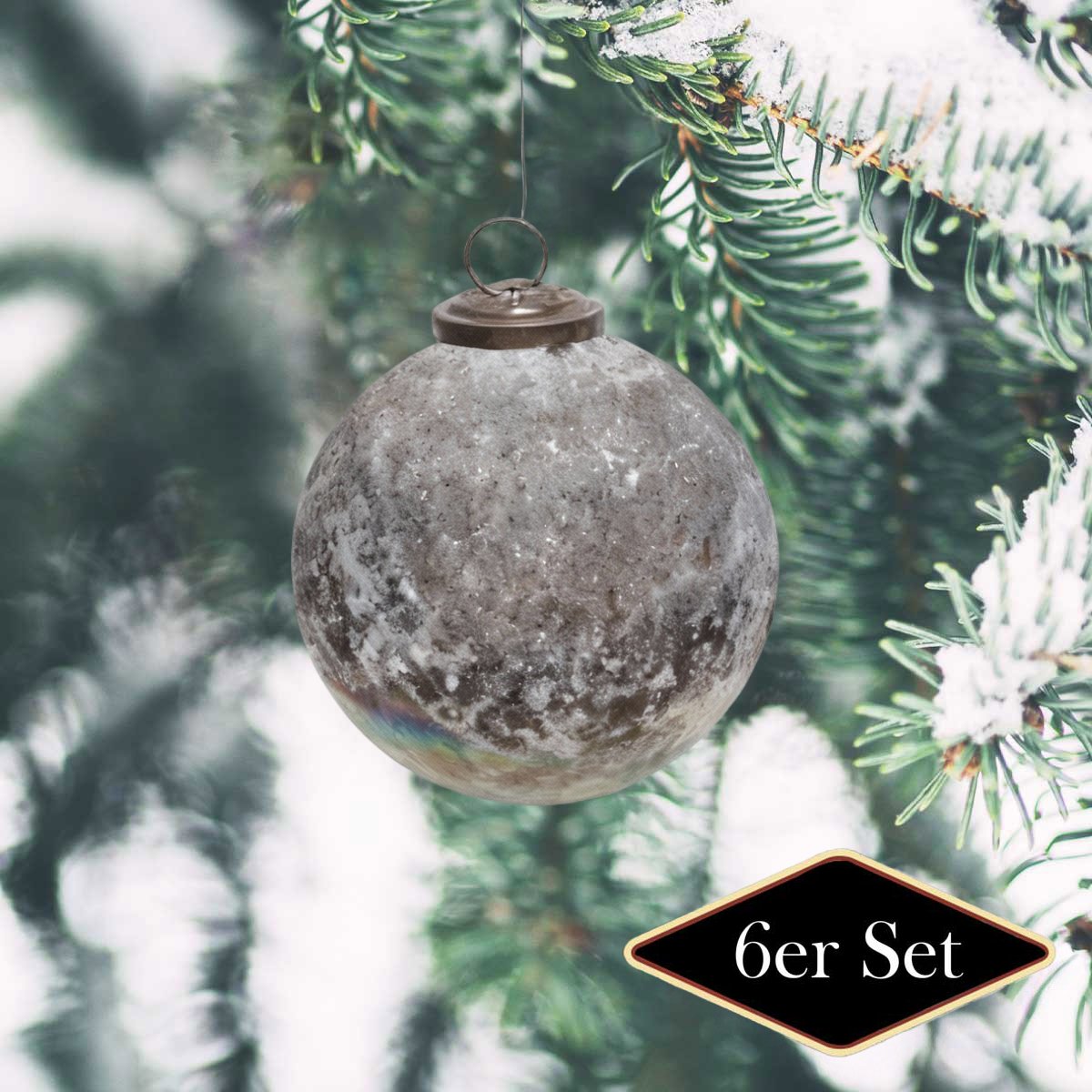 Weihnachtskugeln rund, Glas grau strukturiert - handgemacht in Indien, ⌀8 cm