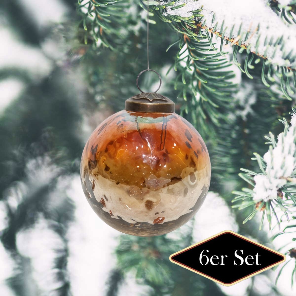 Weihnachtskugeln rund, orange marmoriert glänzend - handgemacht in Indien, ⌀8 cm